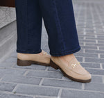 Colleen a Cow Suede Moc Toe Loafer in Sand with Ornamental Detailing - Lifestyle View