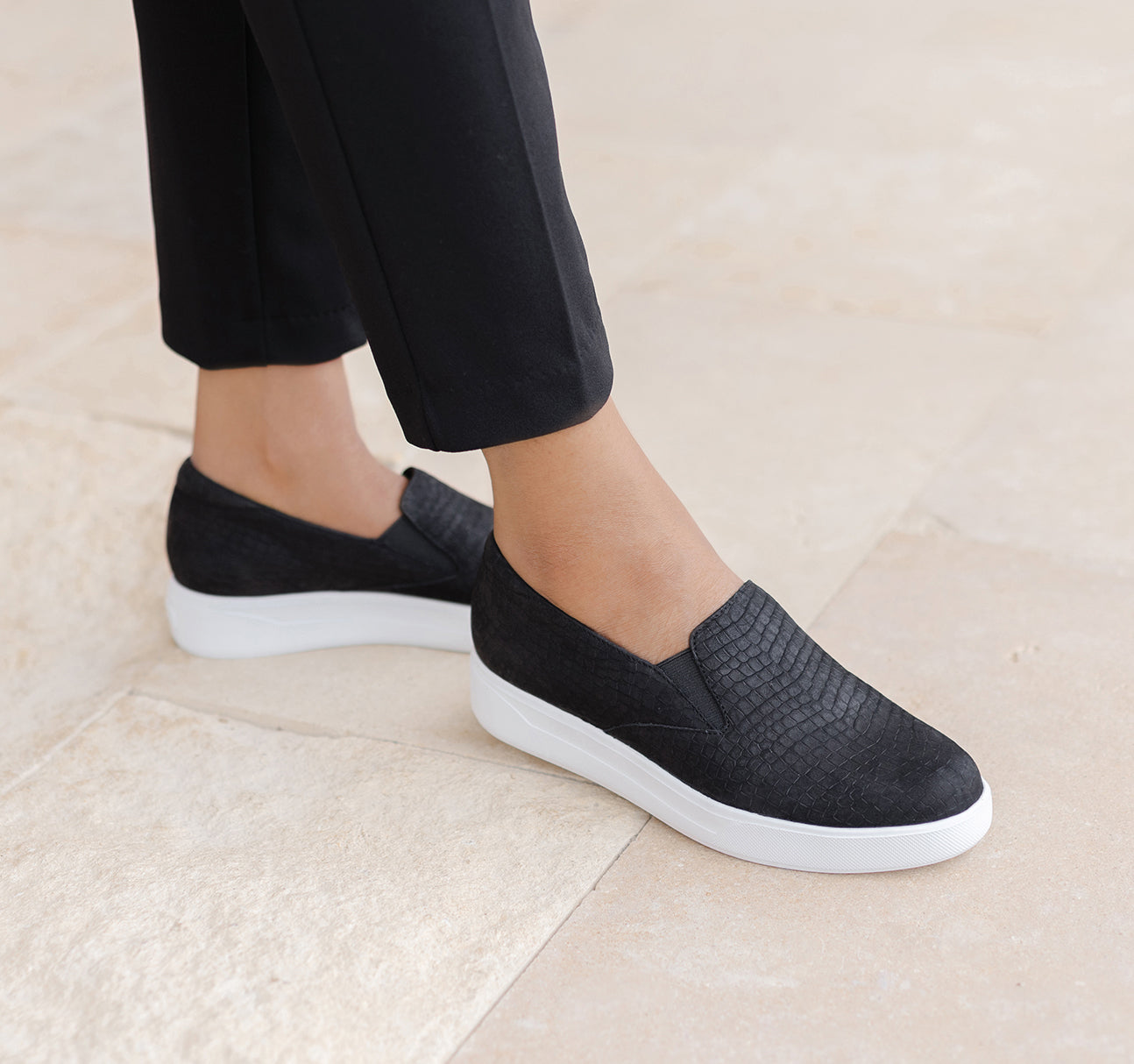 Mackenna slip-on in stretch fabric and leather trim on athleisure unit - lifestyle view