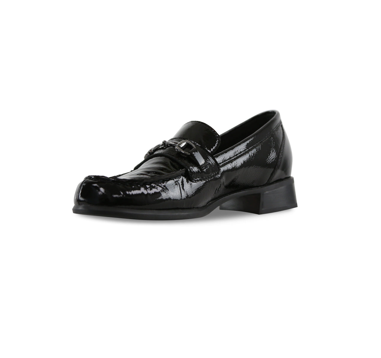 GRYFFIN SADDLE LOAFER WITH ORNAMENTAL BIT IN BLACK CRINKLE PATENT LEATHER-INSIDE VIEW