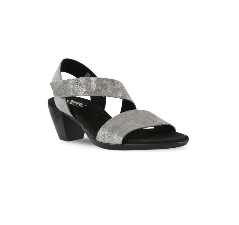 Lucia dress sandal with a single-band vamp strap and an asymmetrical hook & loop instep strap in gunmetal suede - angle view