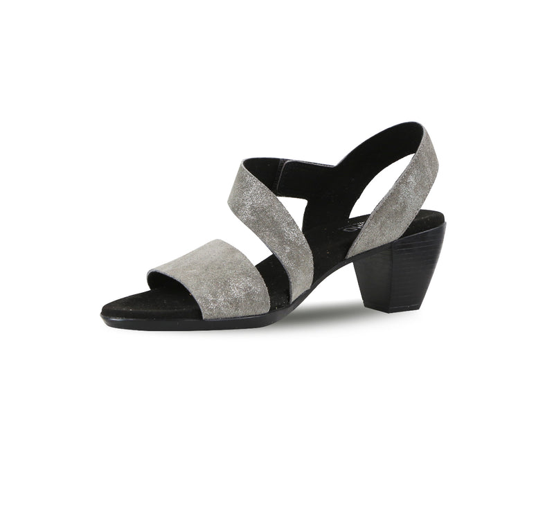 Lucia dress sandal with a single-band vamp strap and an asymmetrical hook & loop instep strap in gunmetal suede - inside view