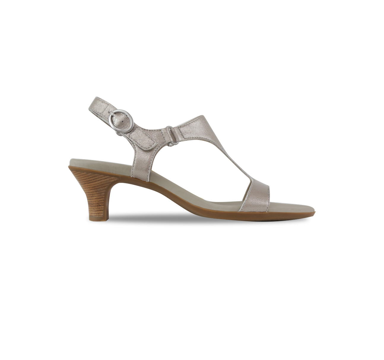 Marta kitten-heel dressy sandal with t-strap and hook & loop back strap in taupe metallic leather-side view