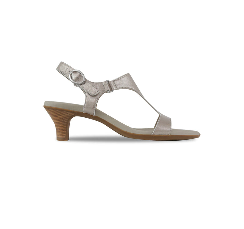 Marta kitten-heel dressy sandal with t-strap and hook & loop back strap in taupe metallic leather-side view