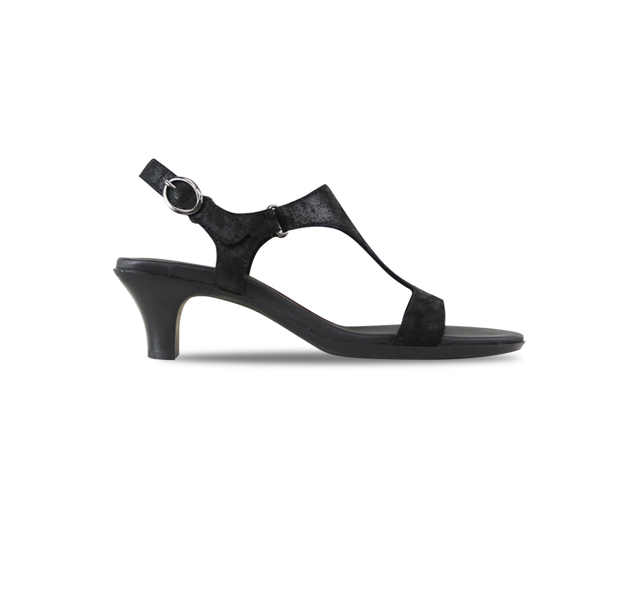 Marta kitten-heel dressy sandal with t-strap and hook & loop back strap in black metallic suede -side view