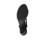 Marta kitten-heel dressy sandal with t-strap and hook & loop back strap in black metallic suede -bottom view