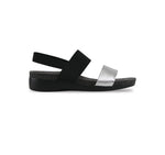 Pisces double-strap footbed sandal with black stretch fabric instep and ankle strap and silver color suede vamp strap-side view