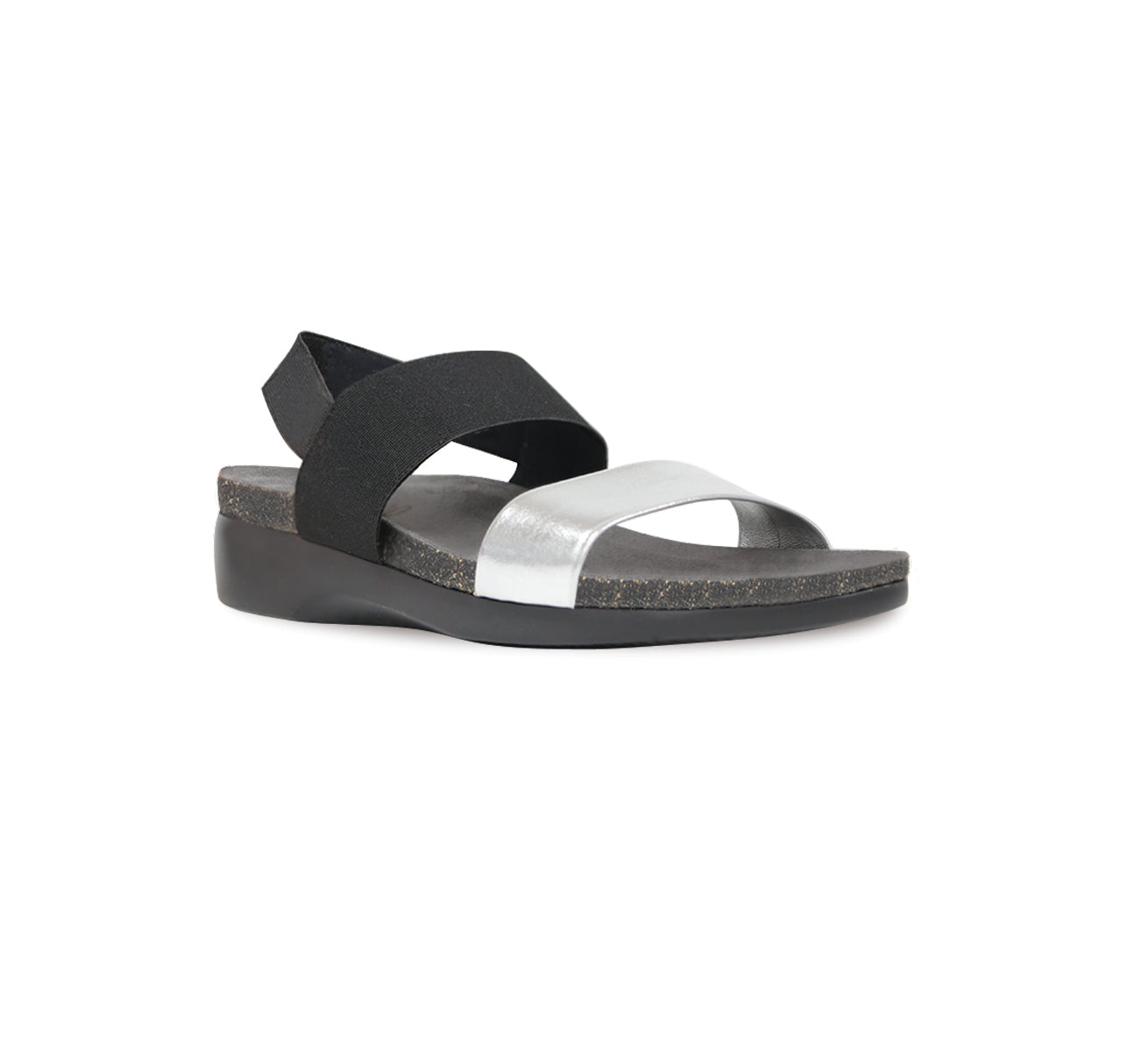 Pisces double-strap footbed sandal with black stretch fabric instep and ankle strap and silver color suede vamp strap-angle view