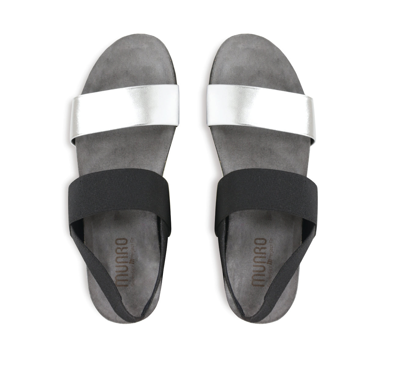 Pisces double-strap footbed sandal with black stretch fabric instep and ankle strap and silver color suede vamp strap-top view