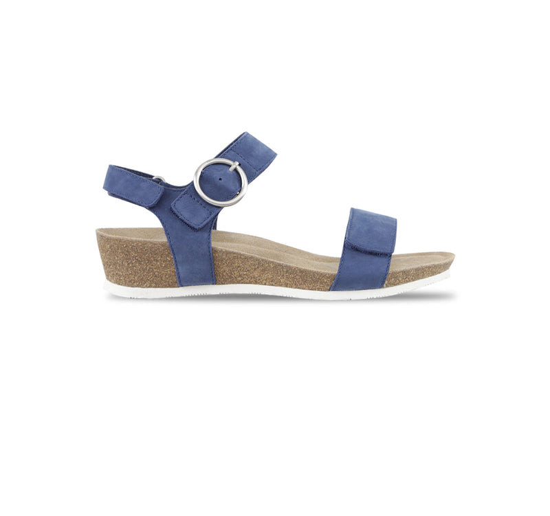 Sintra sandal in atlantic blue nubuck with an three adjustable straps , suede covered footbed, and cork/latex combination - side view