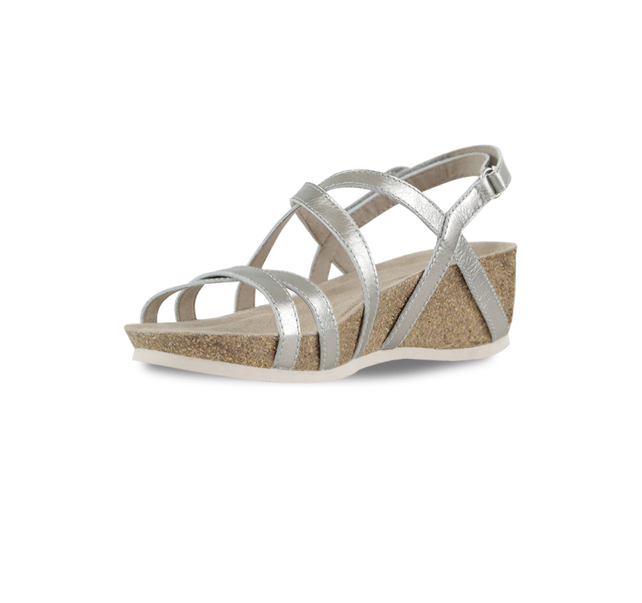 Tarifa silver metallic leather strappy sandal on low wedge platform with crisscross vamp and instep straps along with a hook & loop back strap-inside view