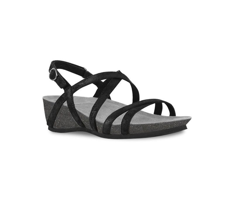 Tarifa black metallic suede strappy sandal on low wedge platform with crisscross vamp and instep straps along with a hook & loop back strap-angle view