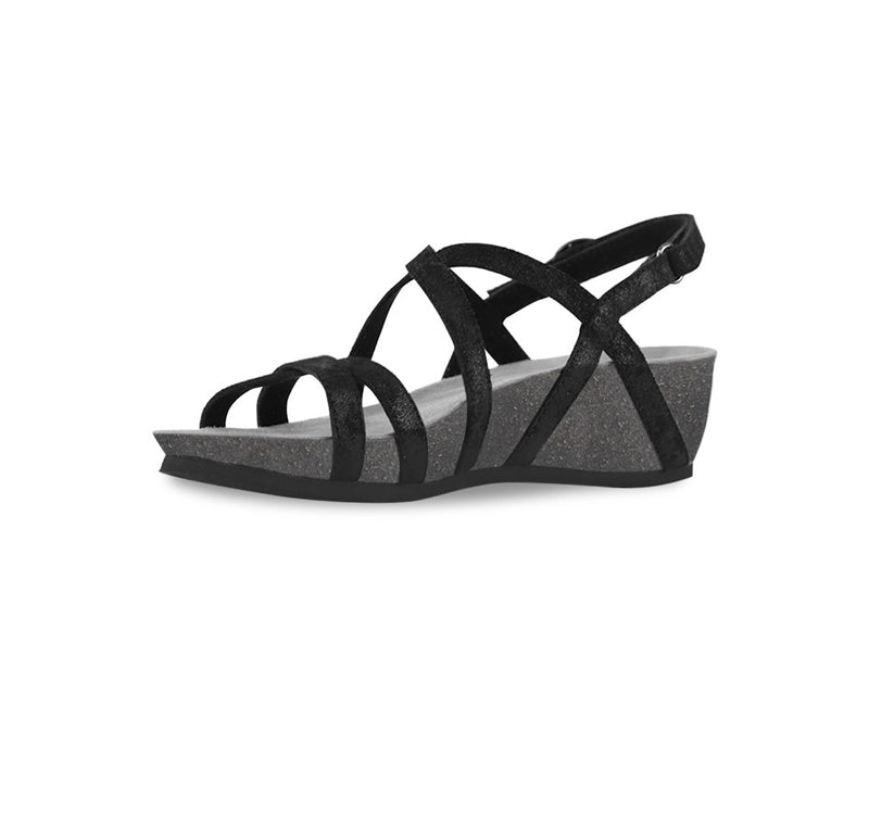 Tarifa black metallic suede strappy sandal on low wedge platform with crisscross vamp and instep straps along with a hook & loop back strap-inside view