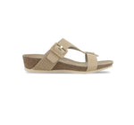 Ronda T-strap slide sandal with an adjustable buckle instep strap, suede covered footbed, and cork/latex combination in tan croc nubuck-side view