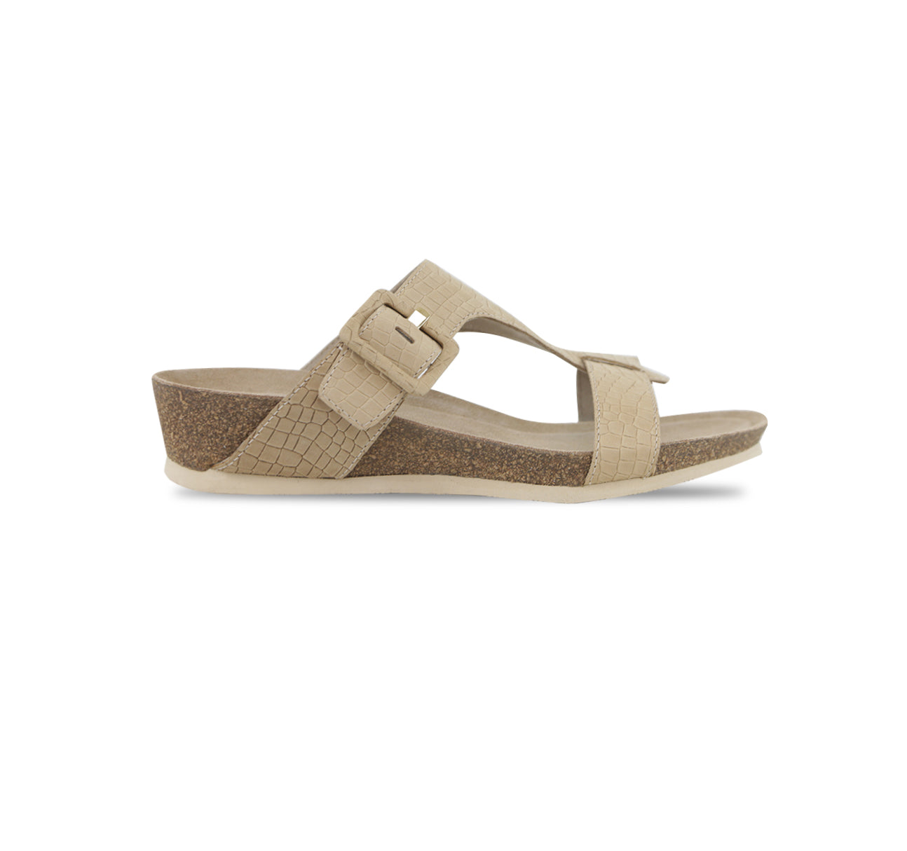 Ronda T-strap slide sandal with an adjustable buckle instep strap, suede covered footbed, and cork/latex combination in tan croc nubuck-side view