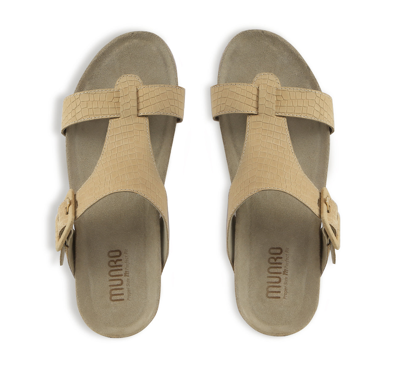 Ronda T-strap slide sandal with an adjustable buckle instep strap, suede covered footbed, and cork/latex combination in tan croc nubuck-top view