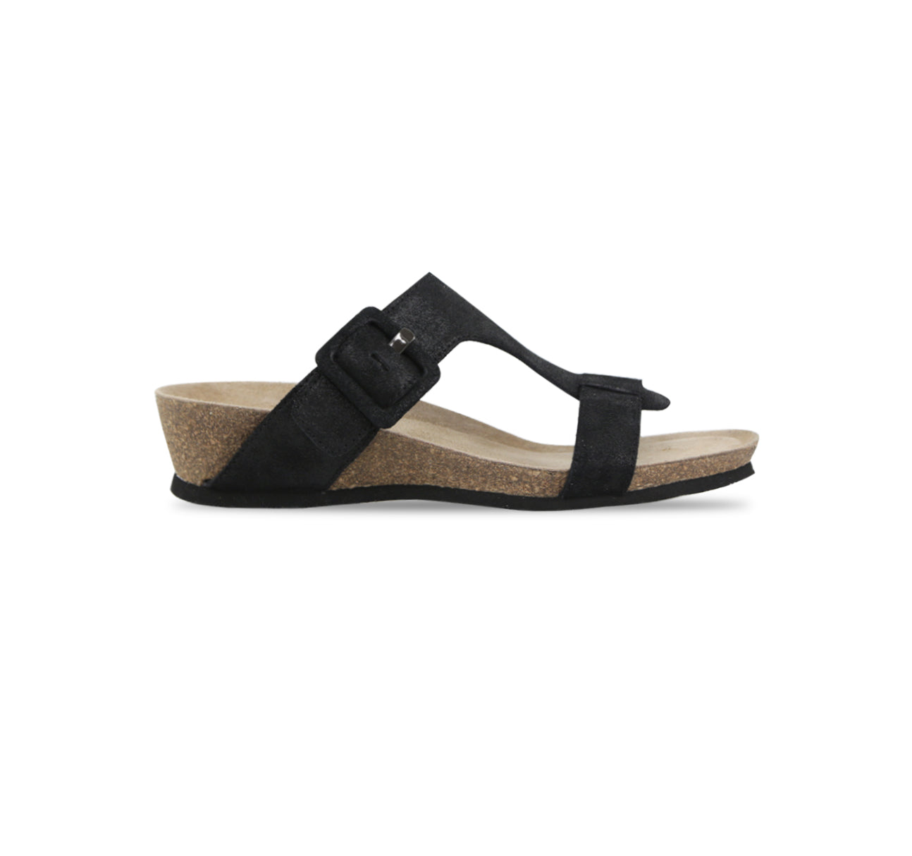 Ronda T-strap slide sandal with an adjustable buckle instep strap, suede covered footbed, and cork/latex combination in black metallic suede-side view-1