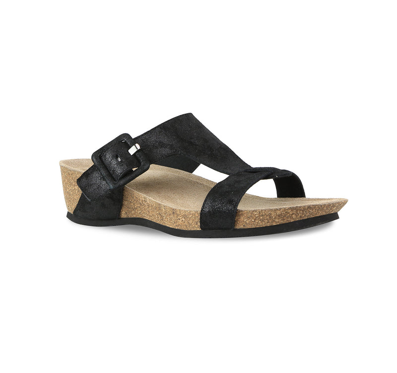 Ronda T-strap slide sandal with an adjustable buckle instep strap, suede covered footbed, and cork/latex combination in black metallic suede-angle view-2