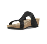 Ronda T-strap slide sandal with an adjustable buckle instep strap, suede covered footbed, and cork/latex combination in black metallic suede-inside view-3