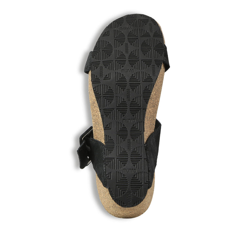 Ronda T-strap slide sandal with an adjustable buckle instep strap, suede covered footbed, and cork/latex combination in black metallic suede-bottom view-5