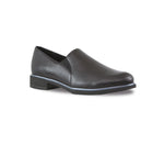 Kam leather twin-gore in black slip-in on lightly lug sole with stylized welt detail - angle view