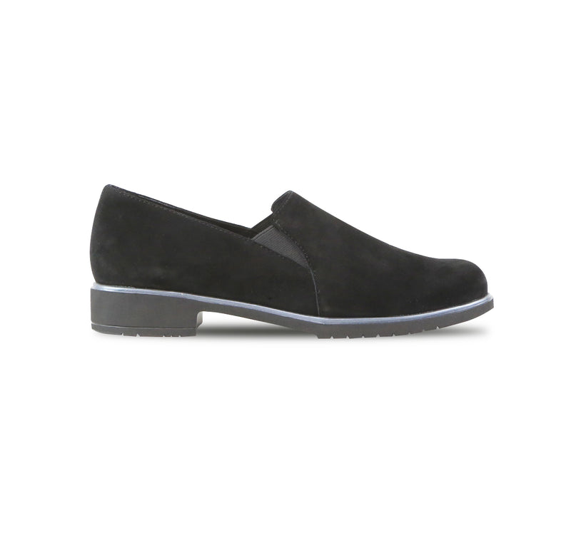 Kam suede twin-gore in black slip-in on lightly lug sole with stylized welt detail - outside view