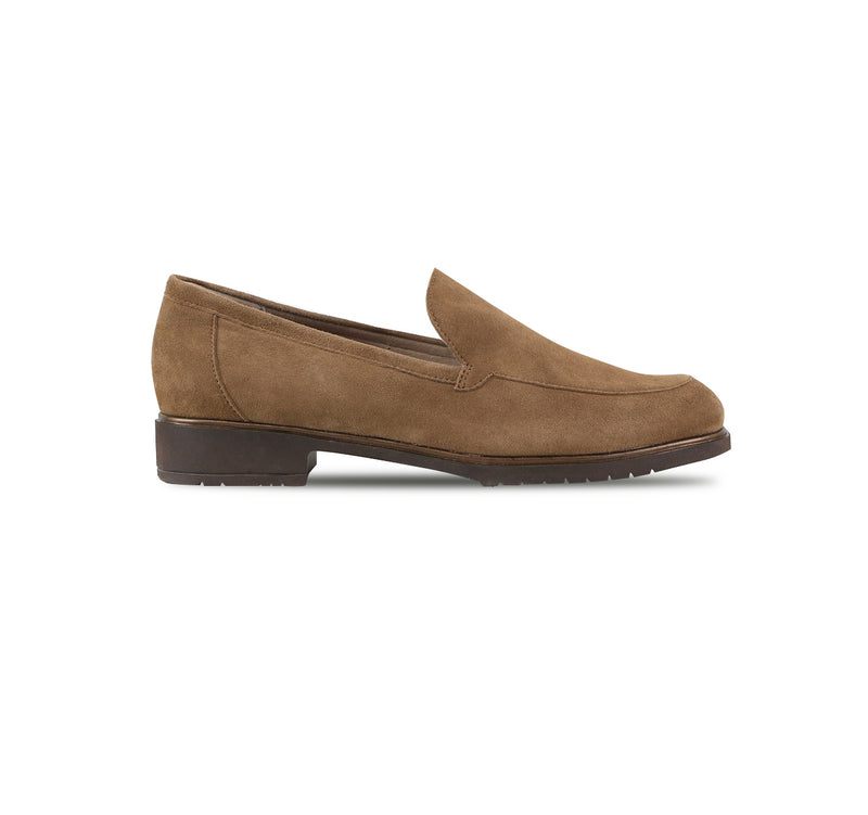 Giselle suede loafer in fawn color minimalist feminine look on lug outsole with stylized welt detail -  side view