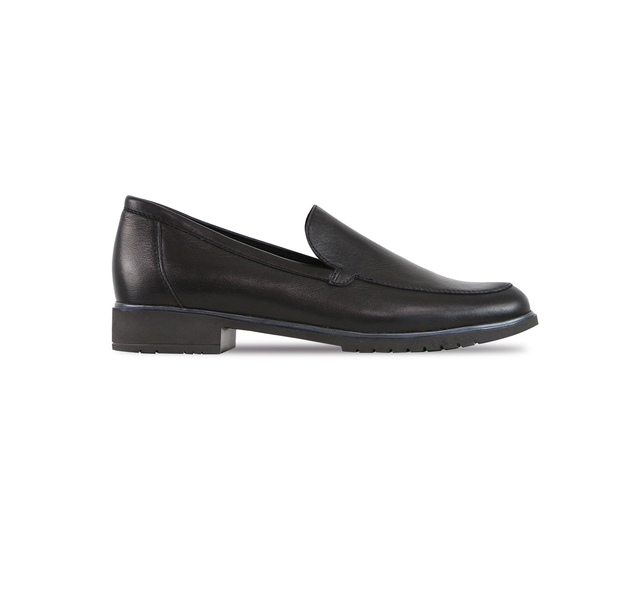 Giselle leather loafer in black minimalist feminine look on lug outsole with stylized welt detail - side view