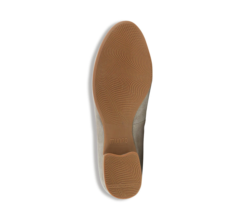 Joslynn kid suede in deep taupe flatt with a dainty bow and half-inch wedge for comfort - bottom view