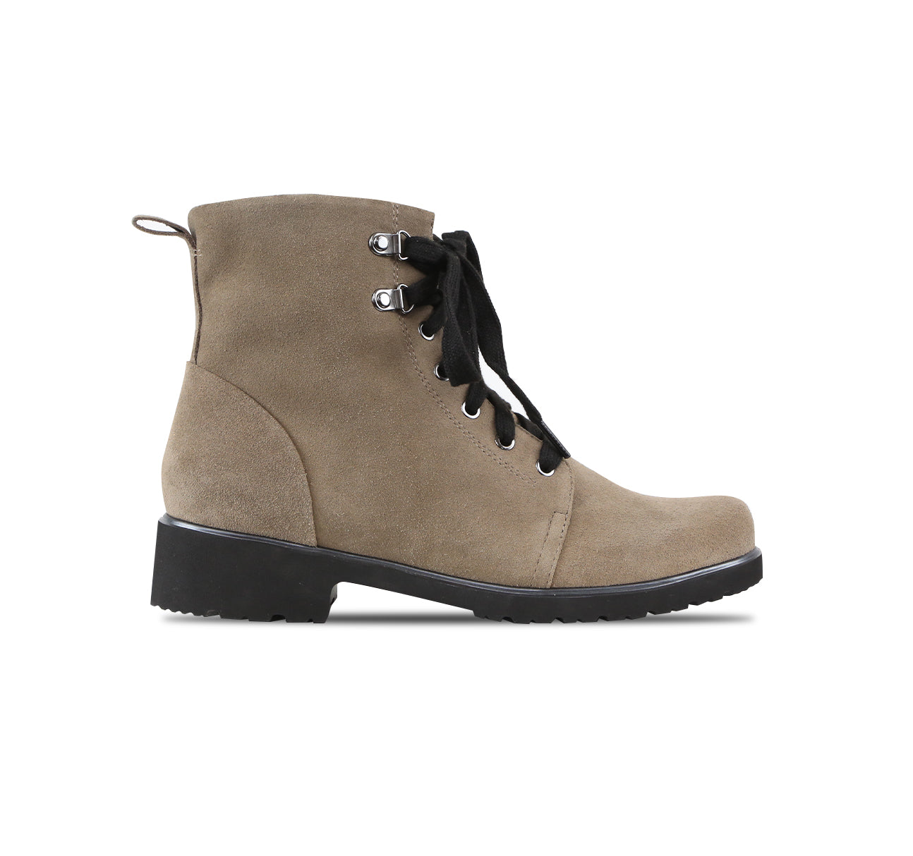 Hartley Suede Ankle Boot in Almond with Inside Zipper and Lace Up Upper - Side View