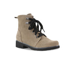 Hartley Suede Ankle Boot in Almond with Inside Zipper and Lace Up Upper - Angle View