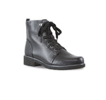 Hartley Cow Leather Ankle Boot in Black with Inside Zipper and Lace Up Upper - Angle View