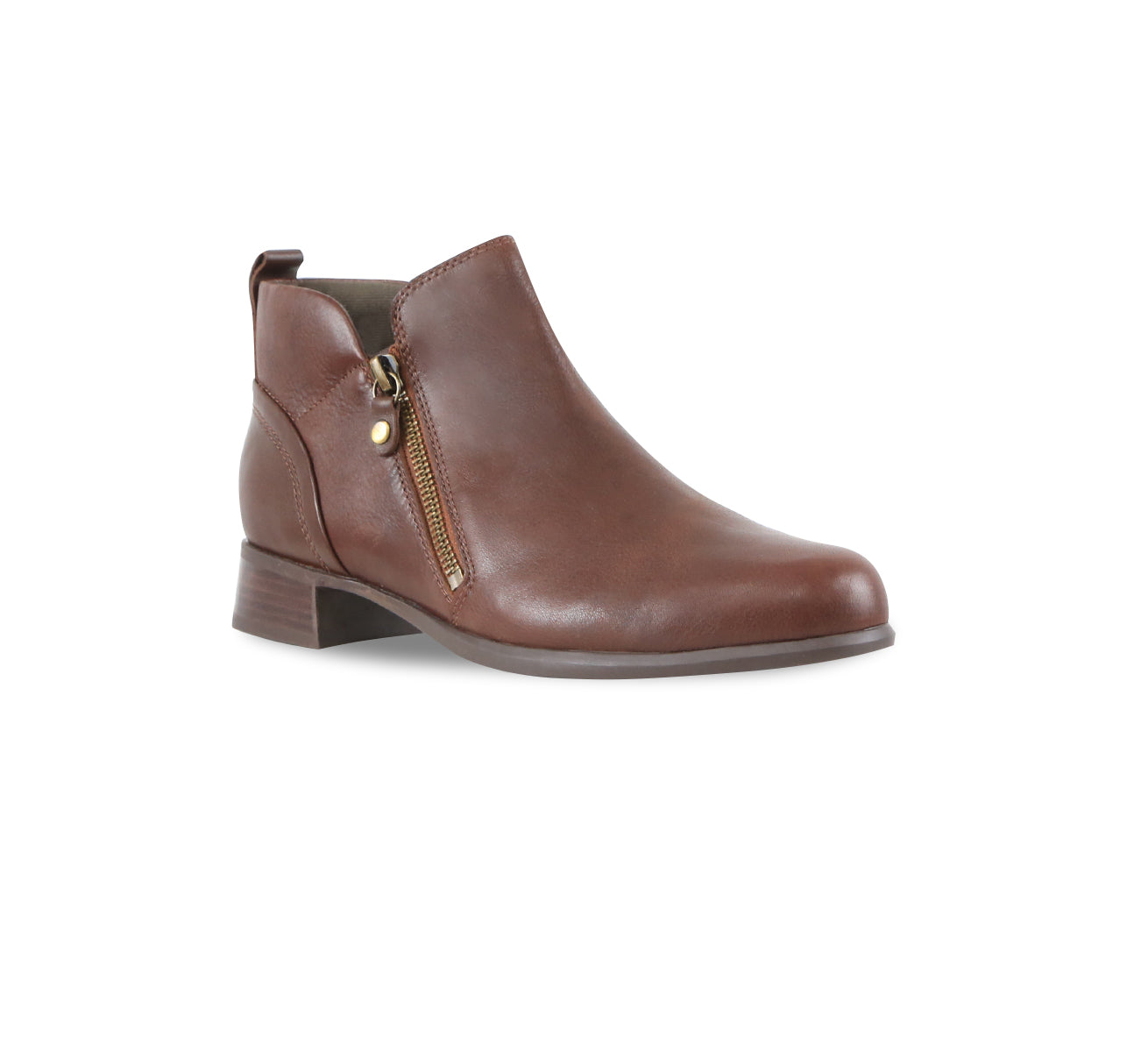 NEKO ANKLE BOOTIE IN DARK RUST LEATHER WITH DUAL ZIPPERS - ANGLE VIEW