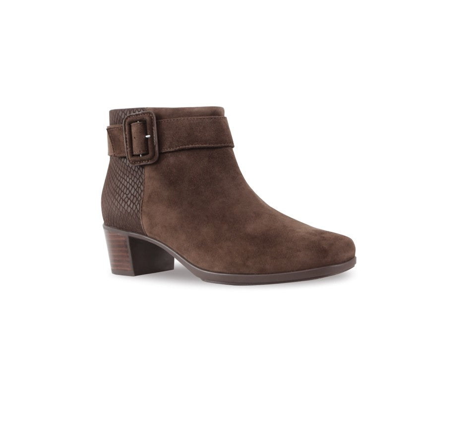 CALLIE ANKLE BOOT WITH FASHION STRAP AND INSIDE ZIPPER IN BROWN SUEDE-ANGLE VIEW