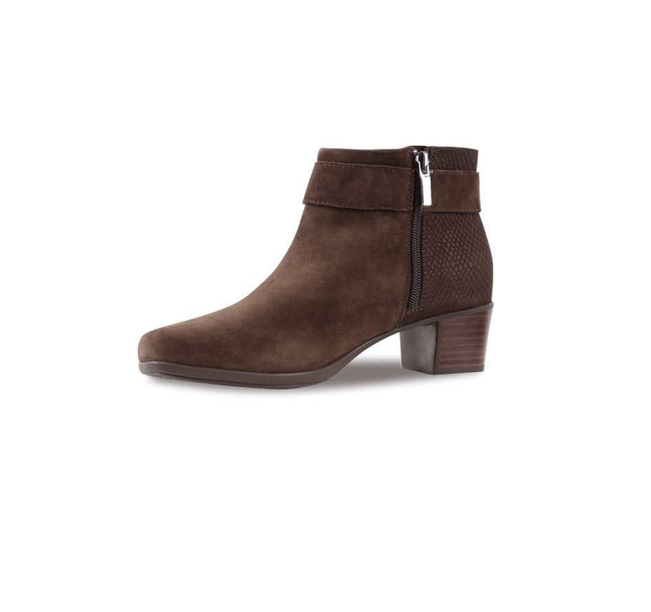 CALLIE ANKLE BOOT WITH FASHION STRAP AND INSIDE ZIPPER IN BROWN SUEDE-INSIDE VIEW