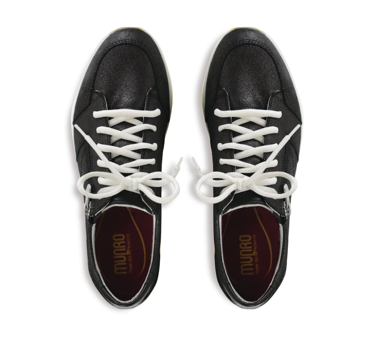 Sutton athleisure lace-up oxford with side zipper in black metallic printed suede with side zipper-top view