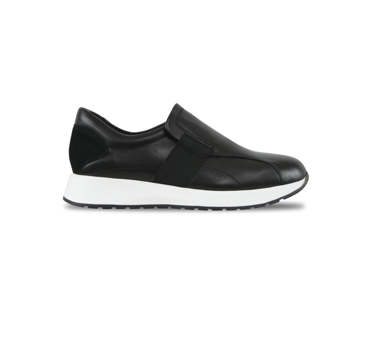 Laurel slip-on athleisure in black kid leather and black suede trim and color matched wide band gore on vamp with white outsole-side view