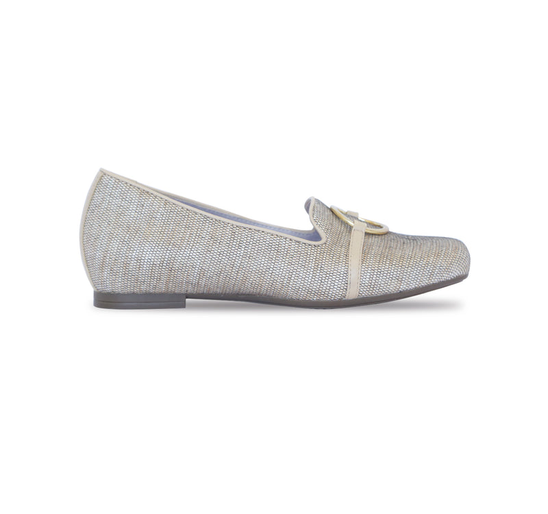 SUNISA SLIP ON IN WOVEN GUNMETAL FABRIC WITH METALLIC RING ORNAMENT - SIDE VIEW