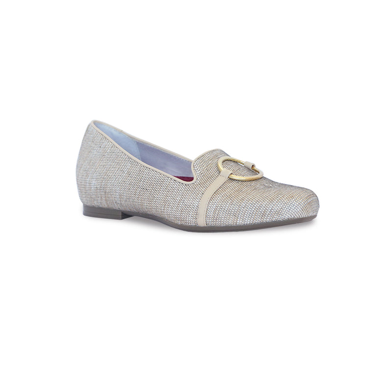 SUNISA SLIP ON IN WOVEN GUNMETAL FABRIC WITH METALLIC RING ORNAMENT - ANGLE VIEW