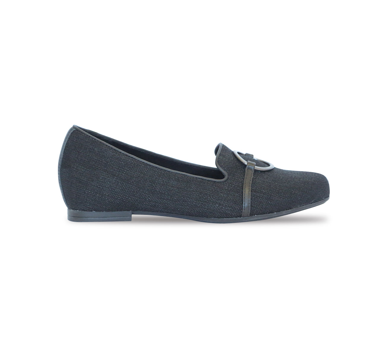 SUNISA SLIP ON IN WOVEN BLACK FABRIC WITH METALLIC RING ORNAMENT - SIDE VIEW