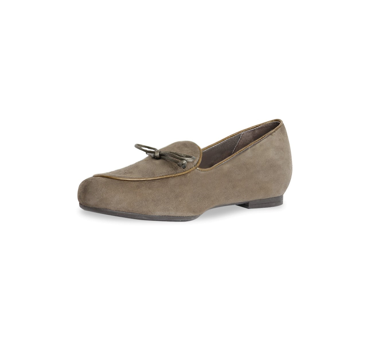 ROSSA IS A SLIP-ON FLAT IN SAGE COLOR SUEDE AND PETITE BOW TIE ON VAMP - INSIDE VIEW