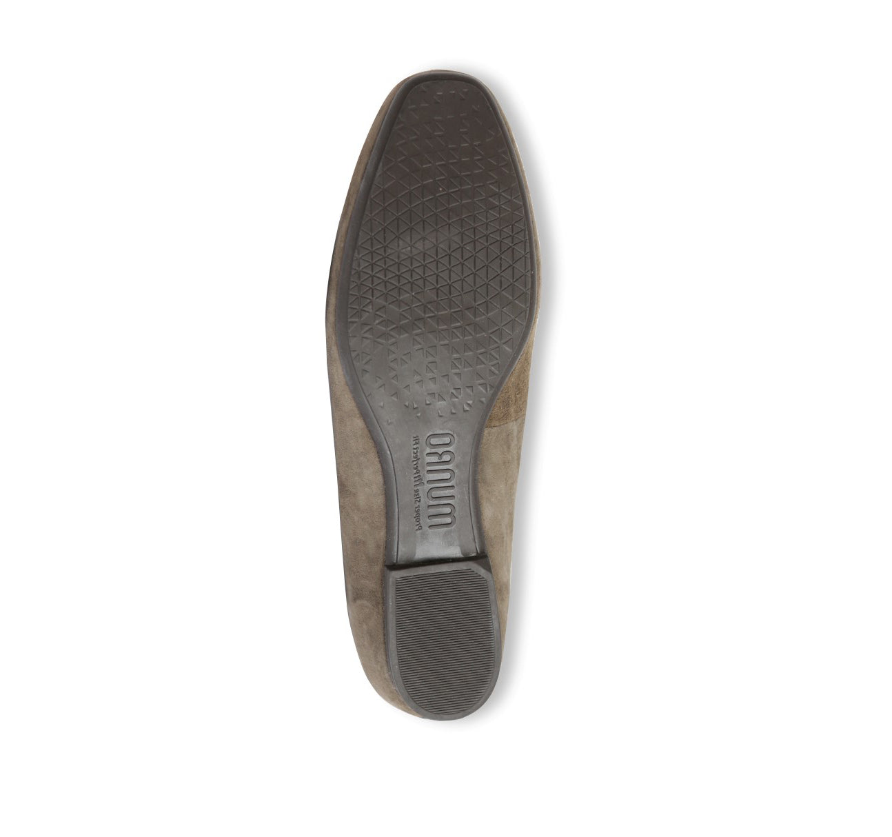 ROSSA IS A SLIP-ON FLAT IN SAGE COLOR SUEDE AND PETITE BOW TIE ON VAMP - BOTTOM VIEW