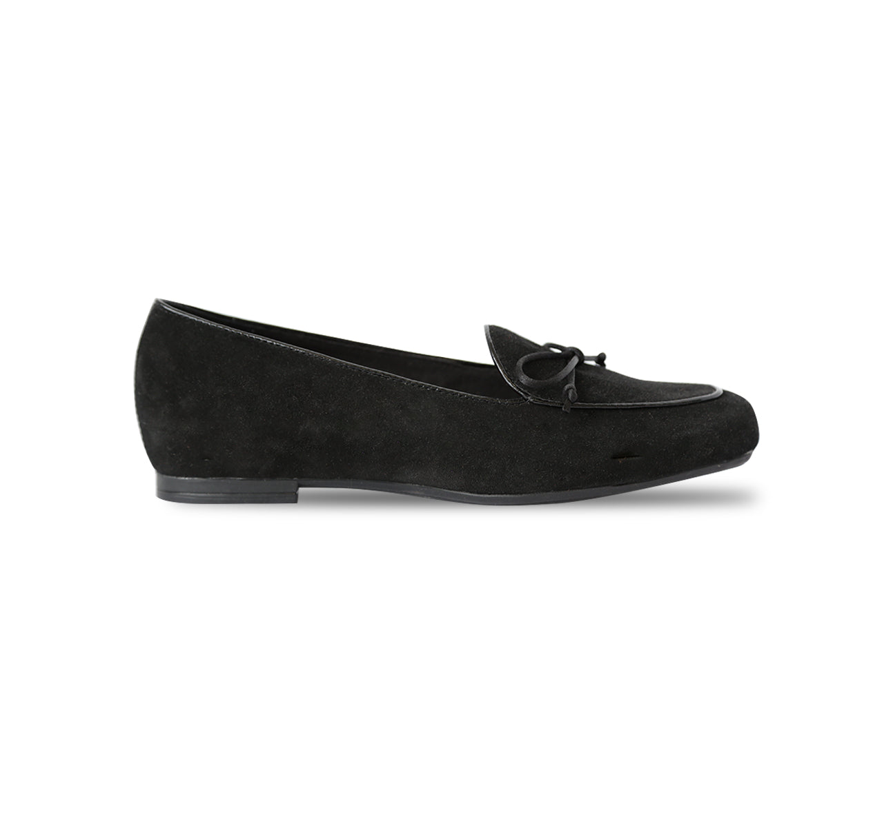 ROSSA IS A SLIP-ON FLAT IN BLACK SUEDE WITH A PETITE BOW TIE ON VAMP - side view