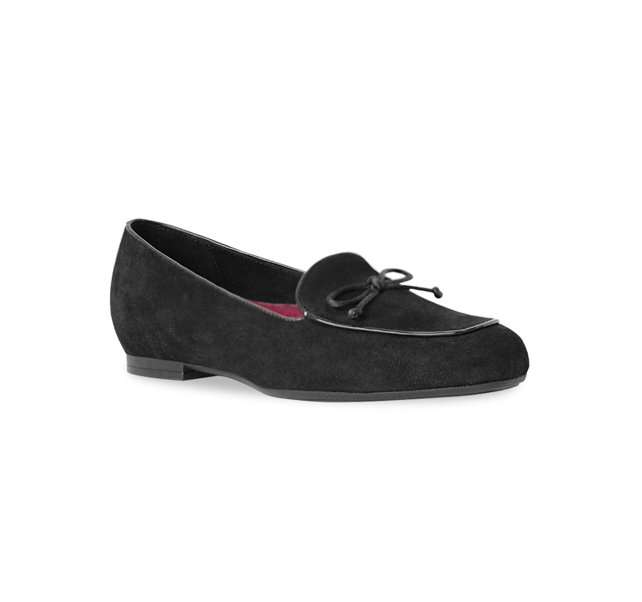 ROSSA IS A SLIP-ON FLAT IN BLACK SUEDE WITH A PETITE BOW TIE ON VAMP - angle view