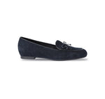 ROSSA IS A SLIP-ON FLAT IN NAVY SUEDE WITH A PETITE BOW TIE ON VAMP - side view