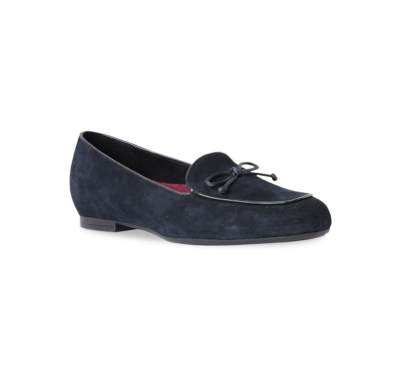 ROSSA IS A SLIP-ON FLAT IN NAVY SUEDE WITH A PETITE BOW TIE ON VAMP - angle view