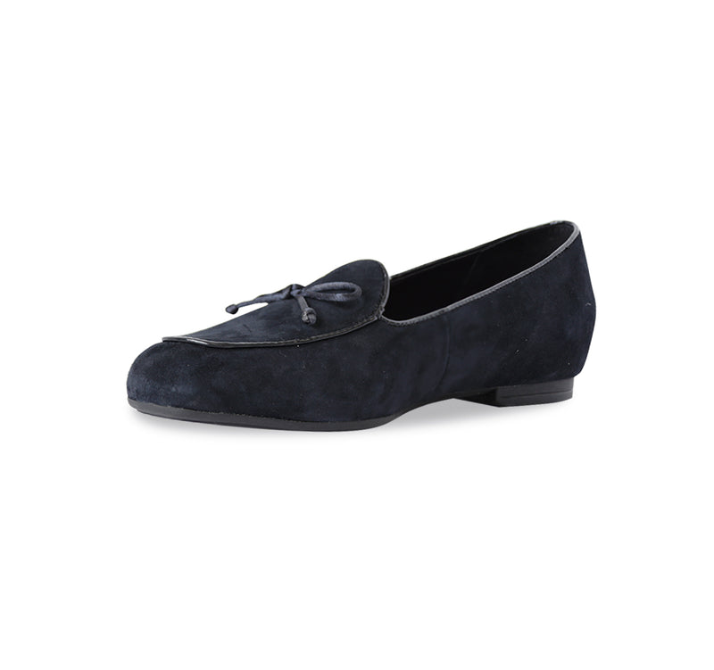 ROSSA IS A SLIP-ON FLAT IN NAVY SUEDE WITH A PETITE BOW TIE ON VAMP - inside view