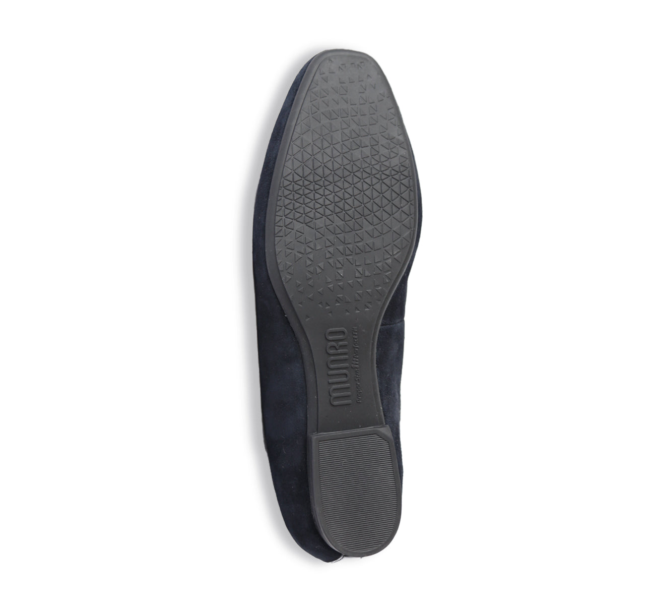 ROSSA IS A SLIP-ON FLAT IN NAVY SUEDE WITH A PETITE BOW TIE ON VAMP - bottom view