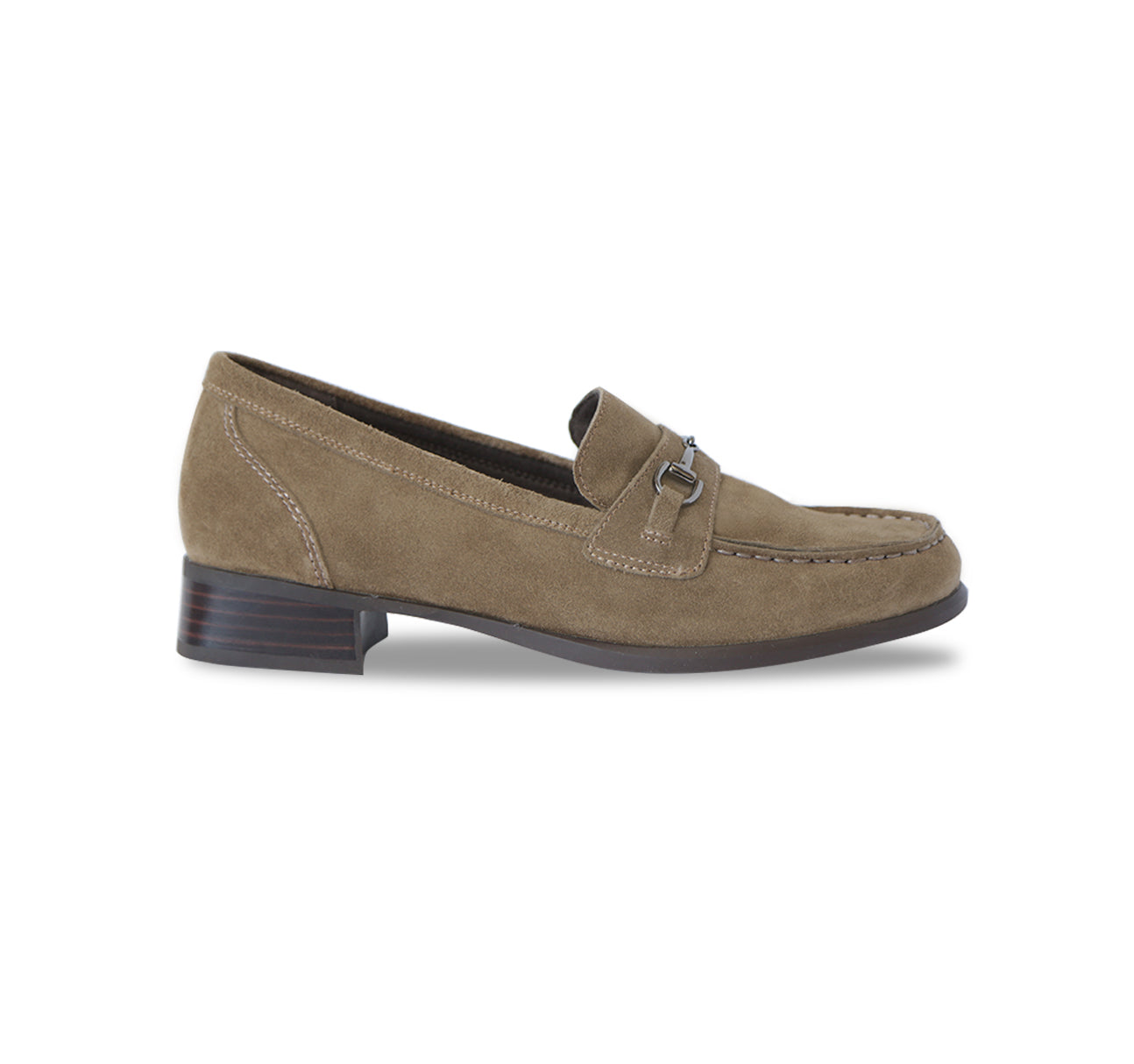 GRYFFIN MOC-TOE PENNY LOAFER IN TOASTED SESAME SUEDE WITH GUNMETAL BIT - SIDE VIEW