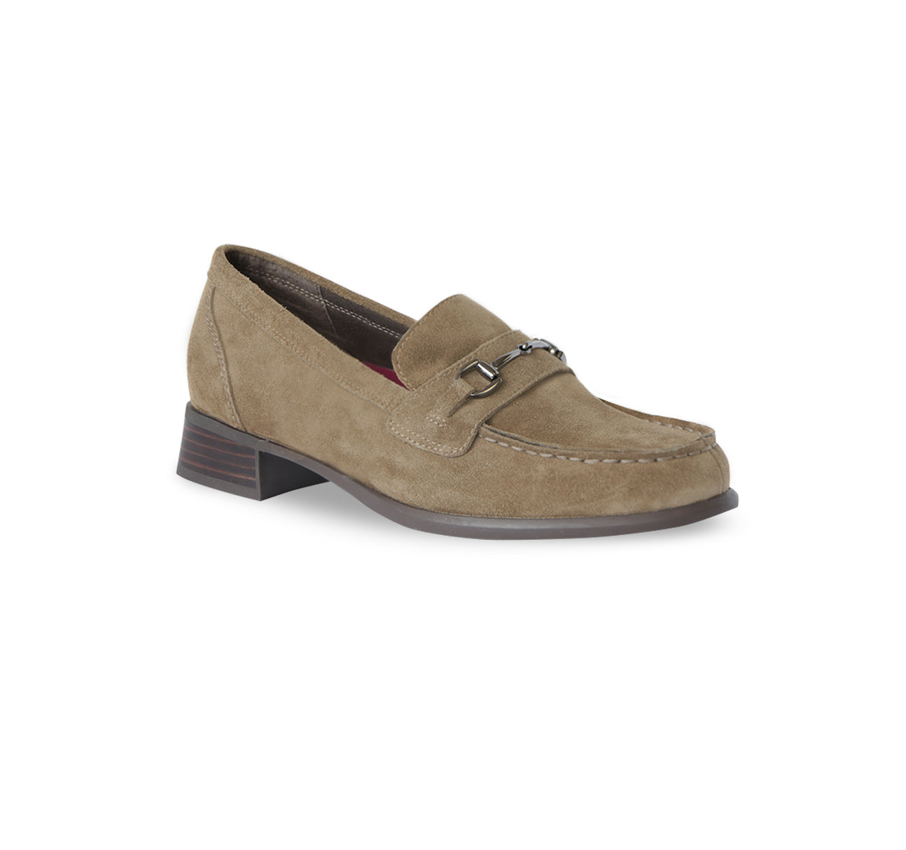 GRYFFIN MOC-TOE PENNY LOAFER IN TOASTED SESAME SUEDE WITH GUNMETAL BIT - ANGLE VIEW