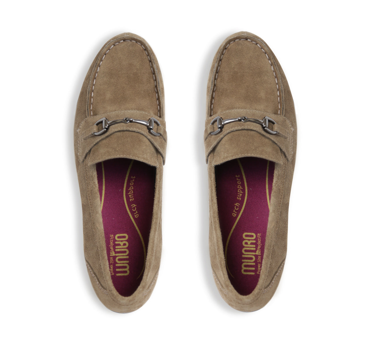 GRYFFIN MOC-TOE PENNY LOAFER IN TOASTED SESAME SUEDE WITH GUNMETAL BIT - TOP VIEW